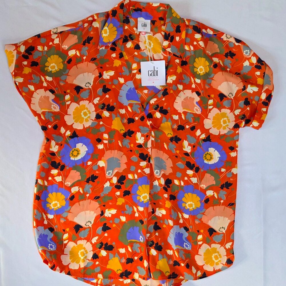 NWT CABi Bold Floral Print Top - Vibrant Orange Multi - Size S
